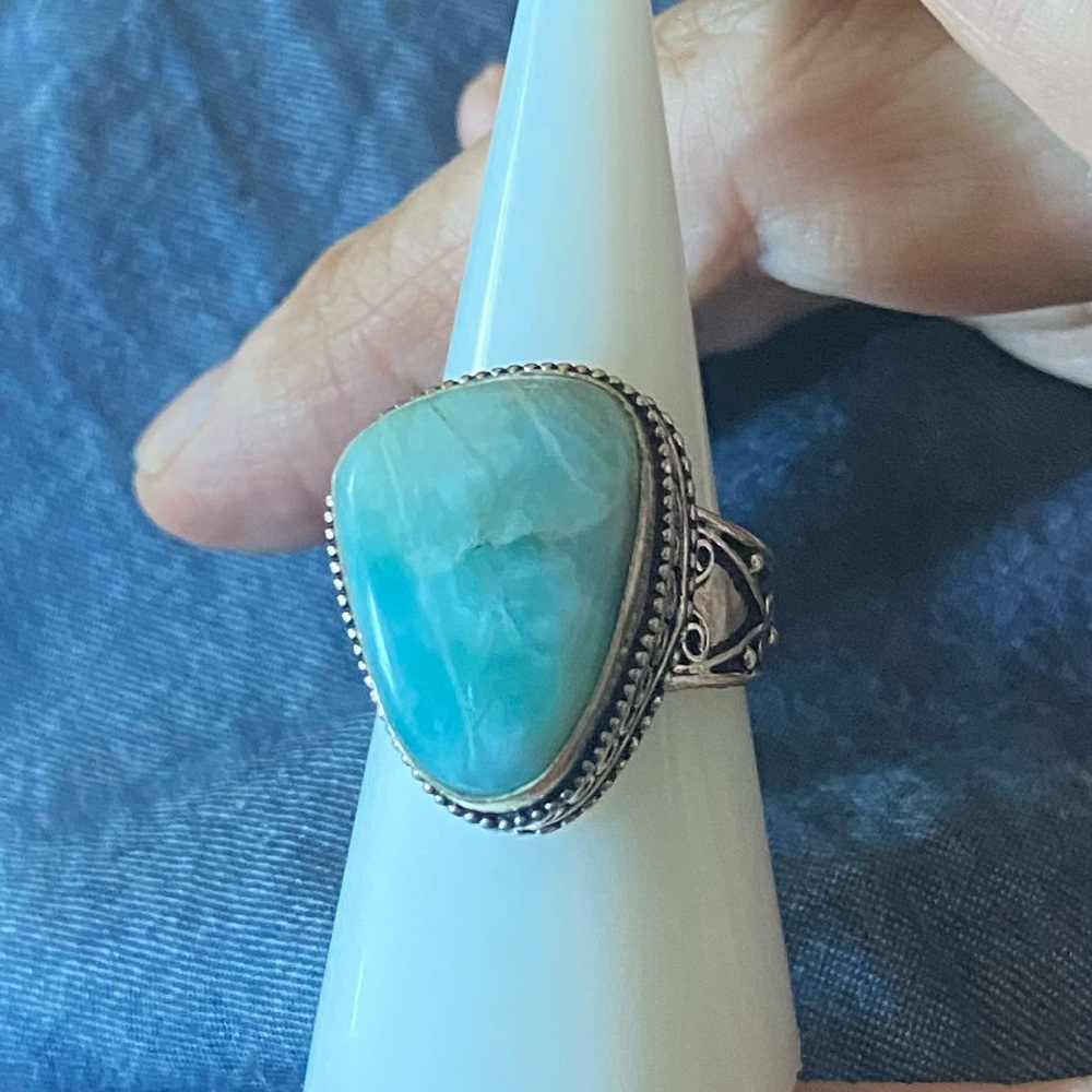 Vintage-Larimar & Sterling Silver Handcrafted Ring Size 9 - Picture 11 of 14